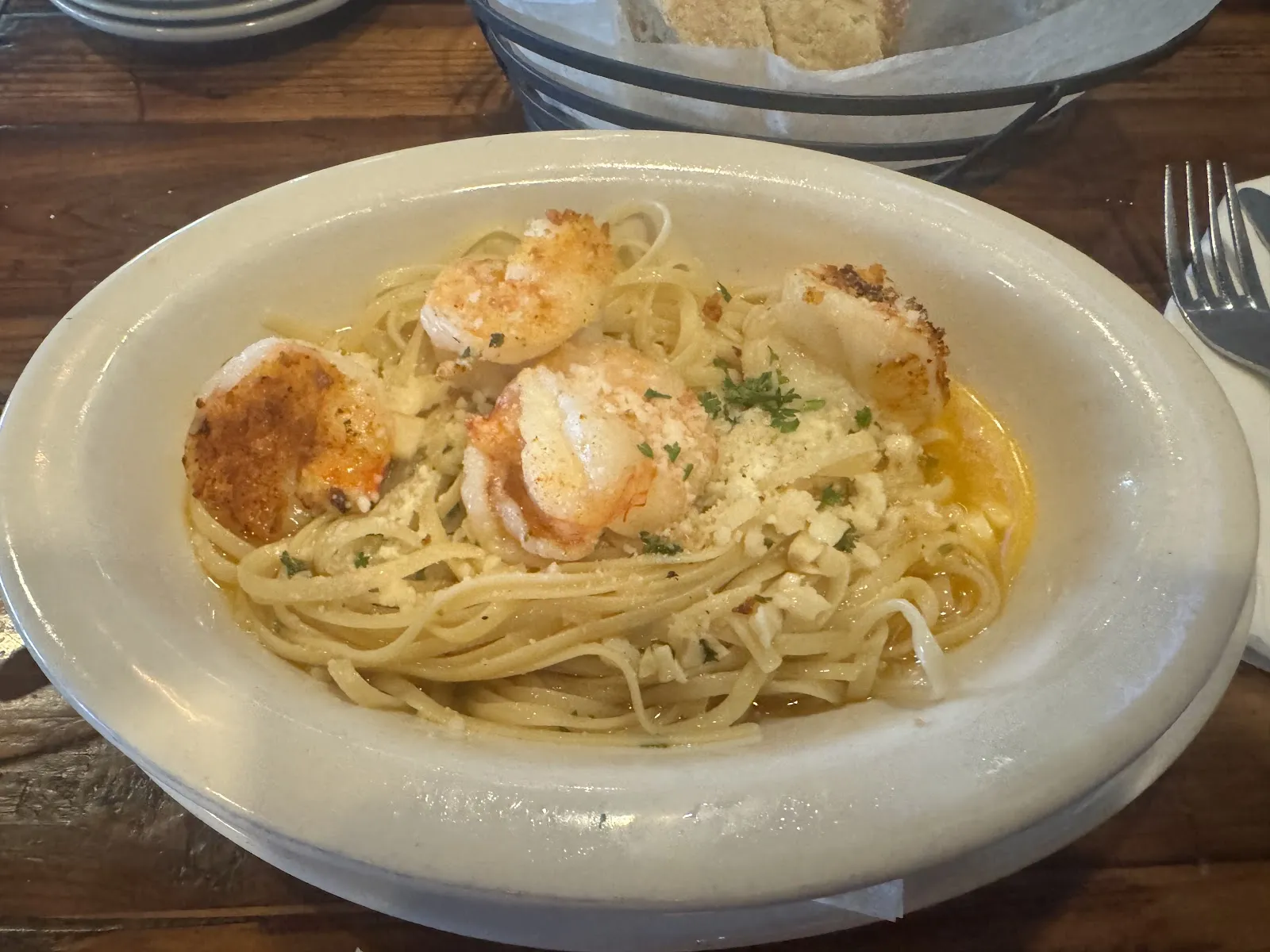 Shrimp over linguine